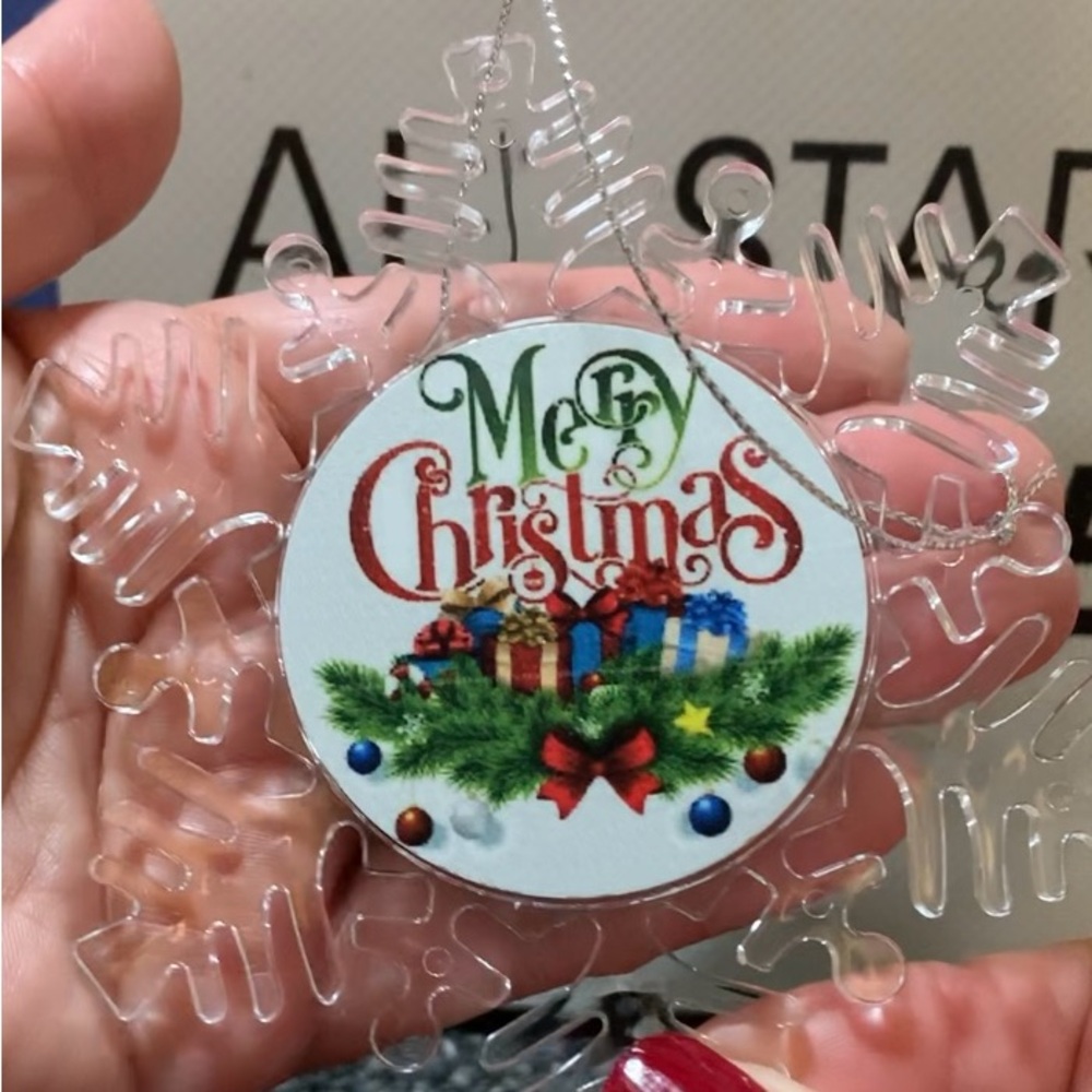 Snowflake Merry Christmas Ornament with Red and Green Accents